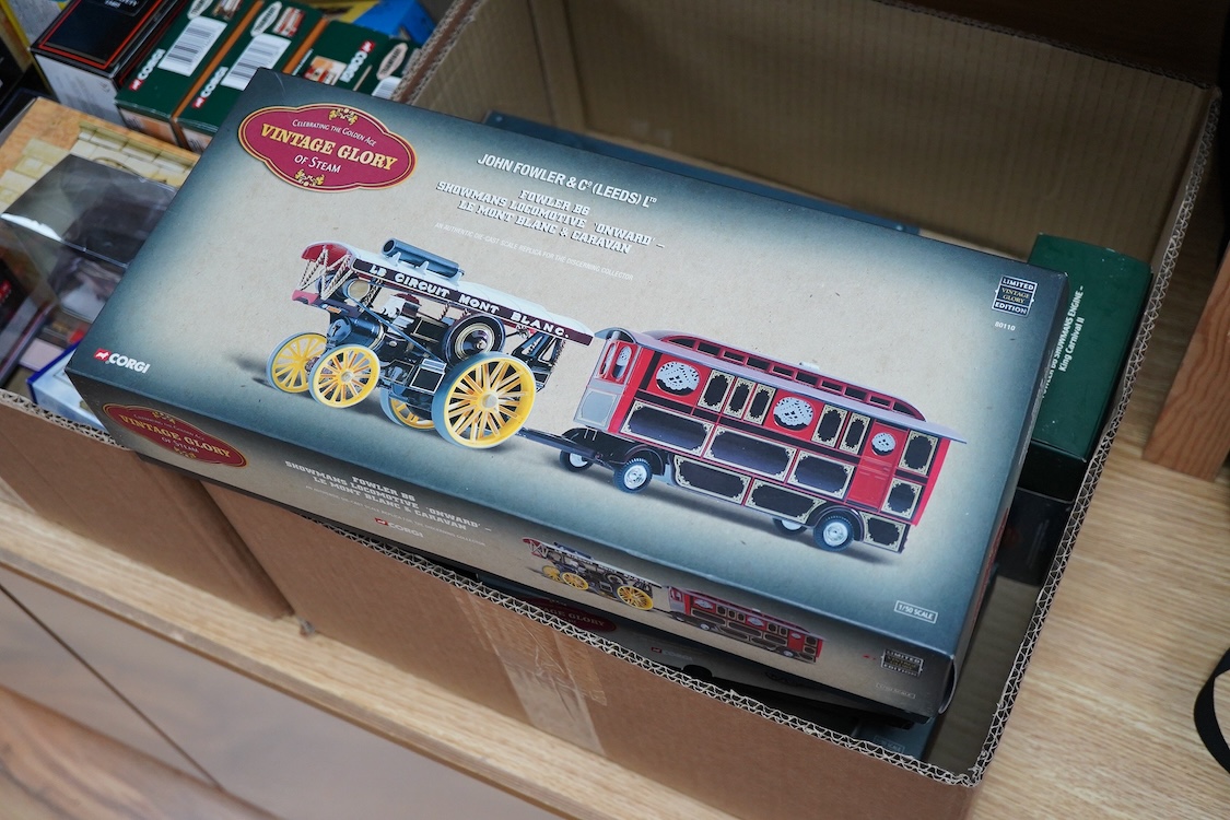 Twenty-three boxed Corgi diecast vehicles, including nine ‘Vintage Glory of Steam’ series, comprising of Showman’s engines, traction engines, steam road rollers, etc., together with ten trams including some from the ‘Tra